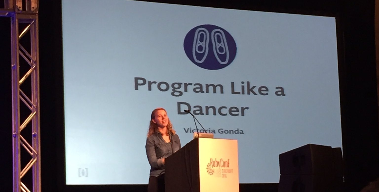 Victoria presenting "Program like a dancer" at RubyConf